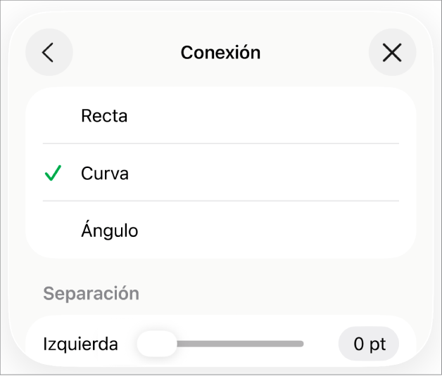 Controles de Conexión con la opción Curva seleccionada.