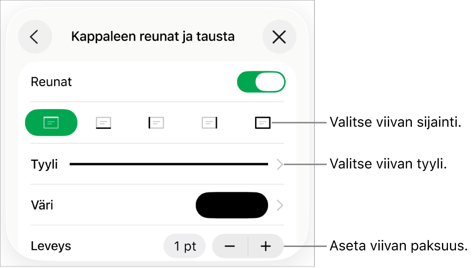 Säätimiä viivan tyylin, paksuuden, sijainnin ja värin muuttamiseen.