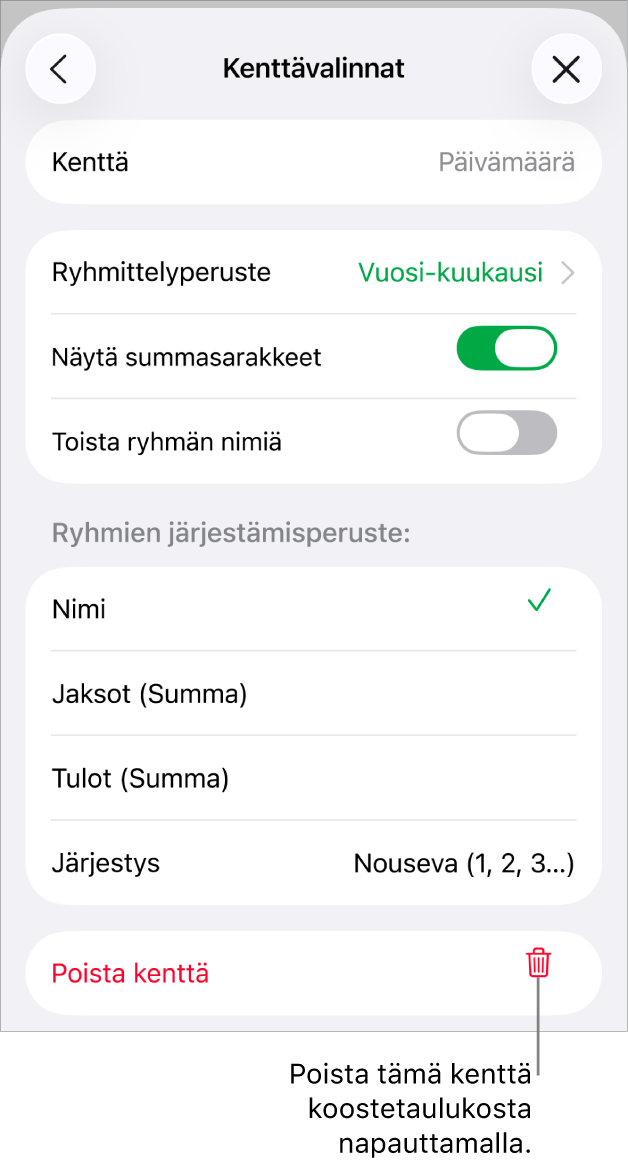 Kenttävalinnat-valikko, jossa näkyvät säätimet datan ryhmittelylle ja järjestämiselle sekä kentän poistamisen valinta.