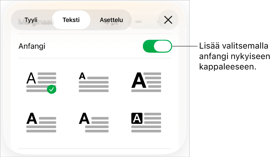Anfangi-säätimet Teksti-valikossa.
