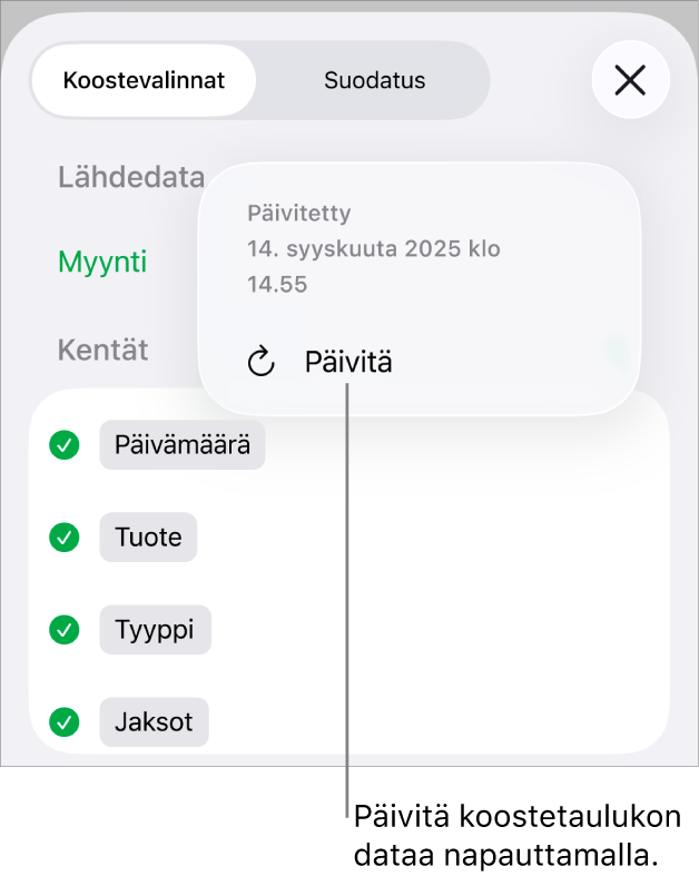 Koostevalinnat-valikossa näkyy valinta, jolla koostetaulukko päivitetään.