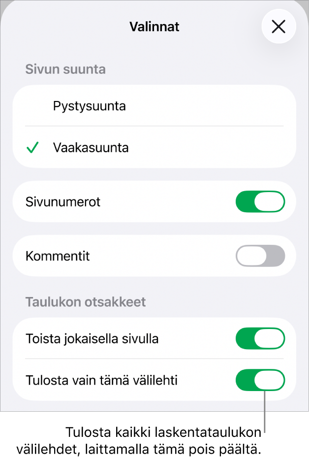 Tulostusvalintoja sivun suunnan, sivunumeroiden, otsakkeiden, paperikoon ja tulostettavien sivujen valitsemiseen.