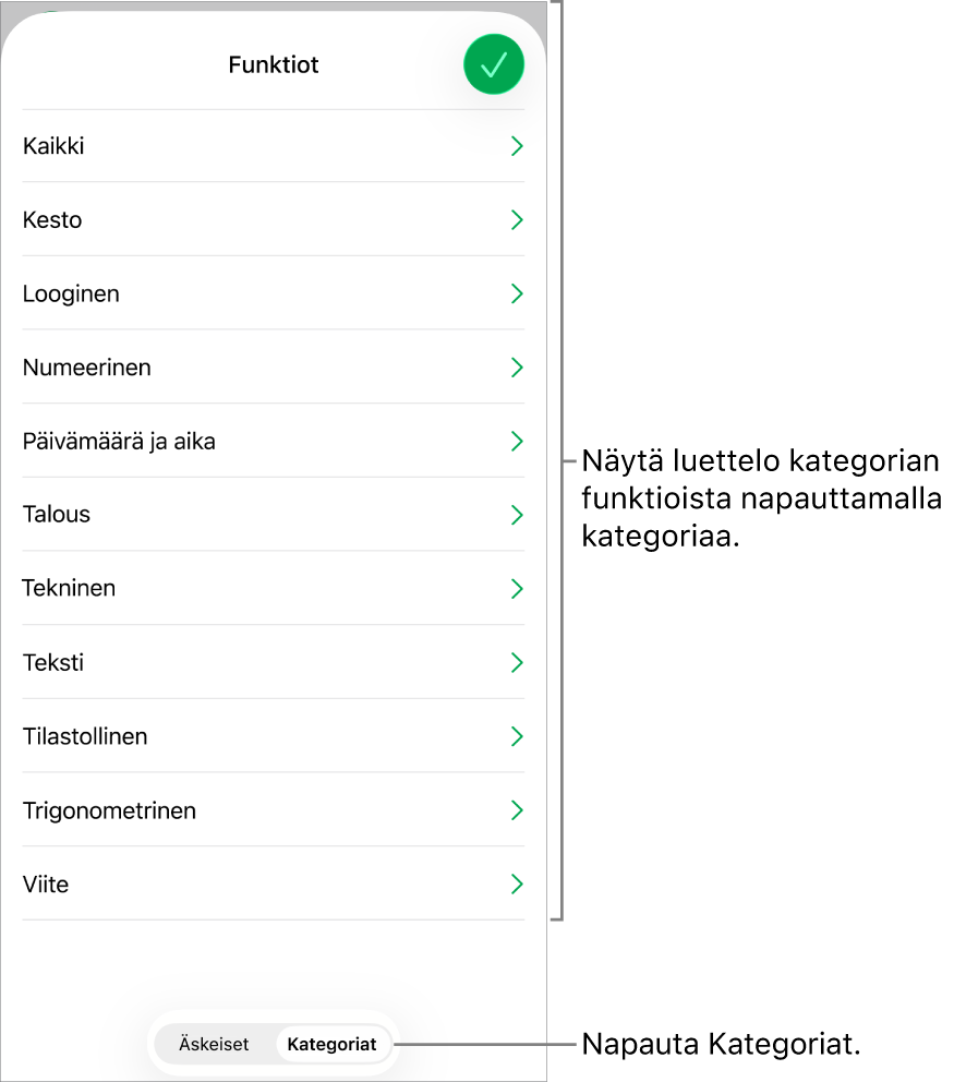 Funktioselain, jossa on valittuna Kategoriat-painike ja alla kategorialuettelo.