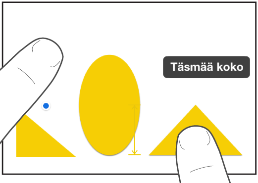 Toinen sormi on aivan kuvion yläpuolella ja toinen pitelee objektia, näytöllä näkyy Täsmää koko.