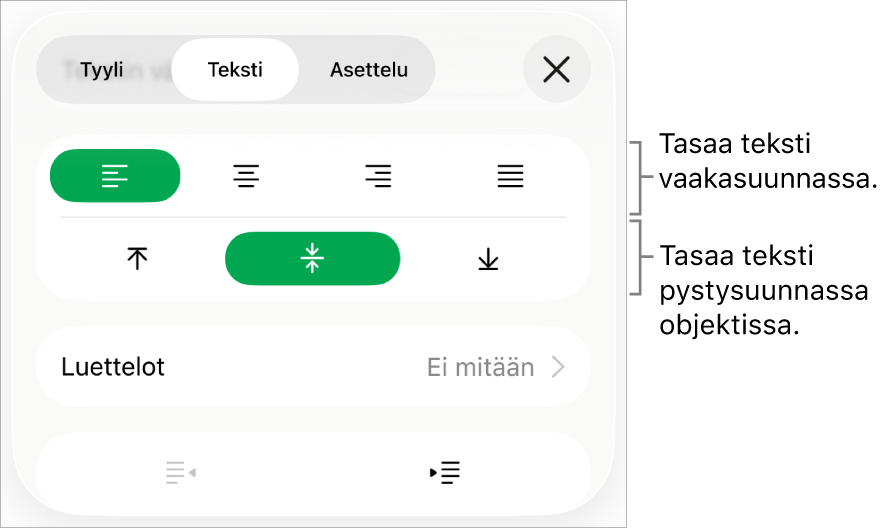 Muoto-inspektorin Asettelu-osio ja tekstin tasaus- ja välistyspainikkeiden selitteet.