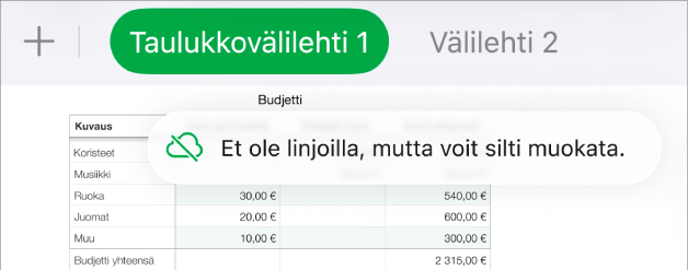 Näytön yläreunalla näkyy painikkeita, Yhteistyö-painike muuttuu pilven kuvaksi, jonka läpi menee vinottainen viiva. Näytöllä näkyvässä ilmoituksessa lukee ”Et ole linjoilla, mutta voit silti muokata.”