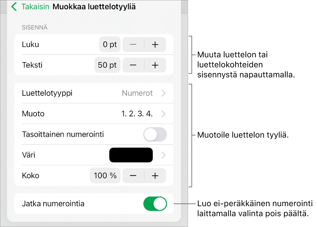 Muokkaa luettelotyyliä -valikko, jossa on säätimet sisennysten välistystä, luettelotyyppiä ja -muotoa, tasoittaista numerointia, luettelon väriä ja kokoa sekä jatkuvaa numerointia varten.