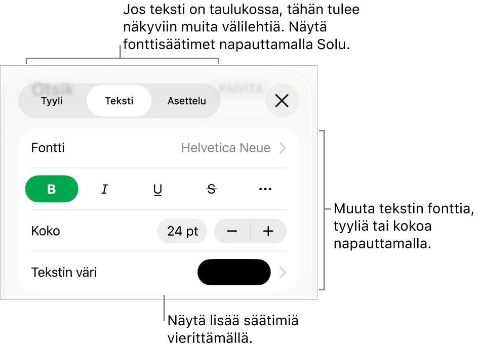 Muoto-valikon tekstisäätimet kappale- ja merkkityylien, fontin, koon ja värin valitsemista varten.