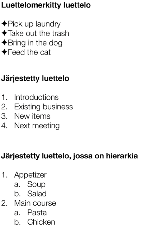 Esimerkkejä luettelomerkkejä käyttävistä, järjestetyistä ja hierarkkisista järjestetyistä luetteloista.