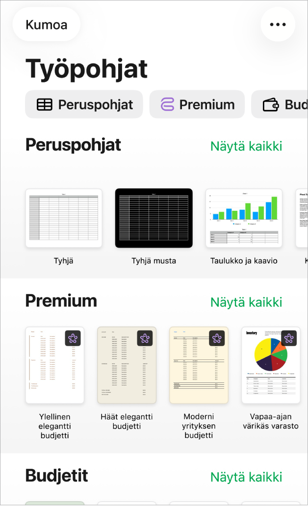 Työpohjan valitsin, jonka yläreunassa näkyy kategorioiden rivi, jota napauttamalla voidaan suodattaa vaihtoehtoja. Alla on esimääritettyjen työpohjien miniatyyreja, jotka on järjestetty riveihin kategorian mukaan.