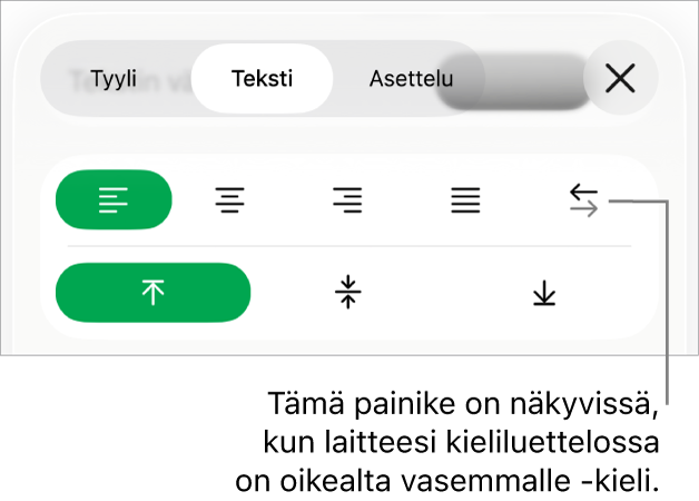 Muoto-painikkeen Tyyli-valikko ja Oikealta vasemmalle -painikkeen selite.