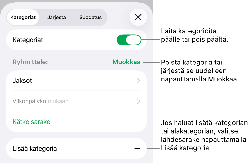 iPhonen kategoriavalikko, joka sisältää valinnat kategorioiden laittamiseksi pois päältä ja poistamiseksi, datan ryhmittämiseksi uudelleen, lähdesarakkeen kätkemiseksi ja kategorioiden lisäämiseksi.