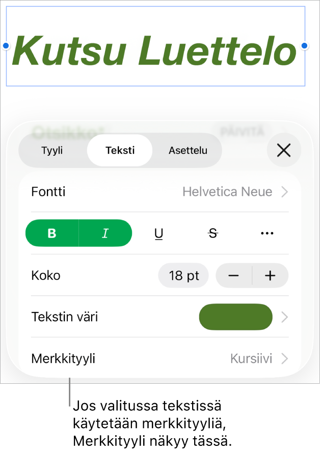 Tekstin muotoilusäätimet, joissa Merkkityyli on värisäätimien alla. Merkkityylissä Ei mitään on tähtimerkki.