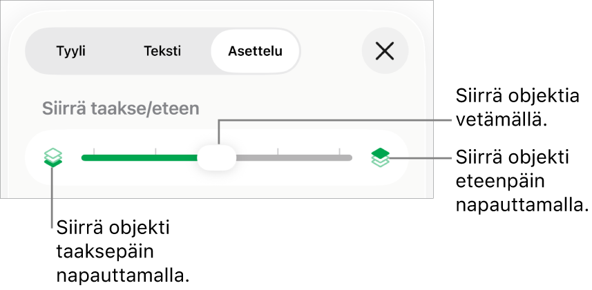 Siirrä taakse -painike, Siirrä eteen -painike ja kerrosliukusäädin.