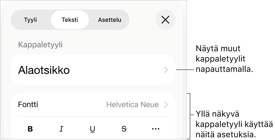 Muoto-valikko, jossa on tekstisäätimet kappale- ja merkkityylien, fontin, koon ja värin valitsemista varten.
