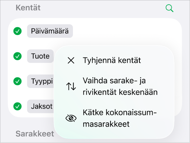 Lisäkenttävalinnat ‑valikko, jossa näkyvät säätimet kokonaissummien kätkemiseen, sarake- ja rivikenttien vaihtamiseen keskenään ja kenttien tyhjentämiseen.