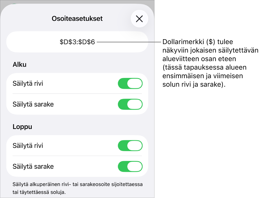 Säätimet sen määrittämiseen, mitkä solun rivi- ja sarakeviitteet tulee säilyttää, jos solu siirretään tai kopioidaan. Jokaisen säilytettävän alueviittausosan edessä näkyy dollarimerkki.