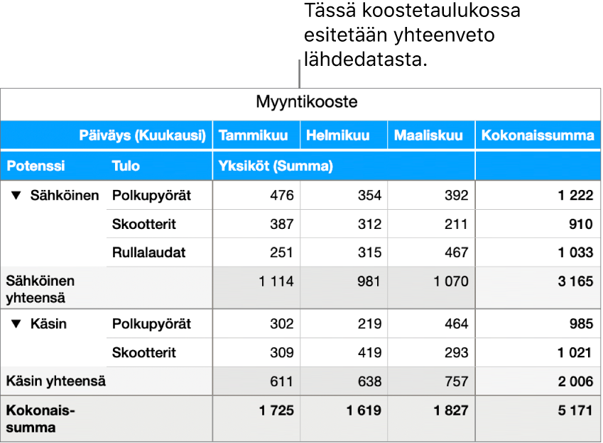 Koostetaulukossa näkyvät yhteenveto datasta polkupyörille, skoottereille ja rullalaudoille ja säätimet tietyn datan näyttämistä varten.