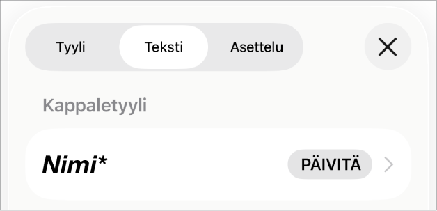 Kappaletyylin nimi, jonka vieressä on tähtimerkki ja oikealla puolella Päivitä-painike.