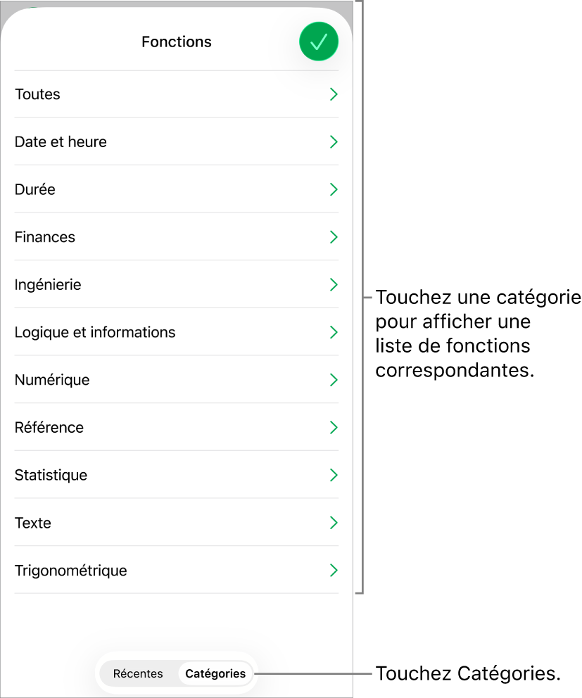 Navigateur des fonctions avec le bouton Catégories sélectionné et la liste des catégories en dessous.
