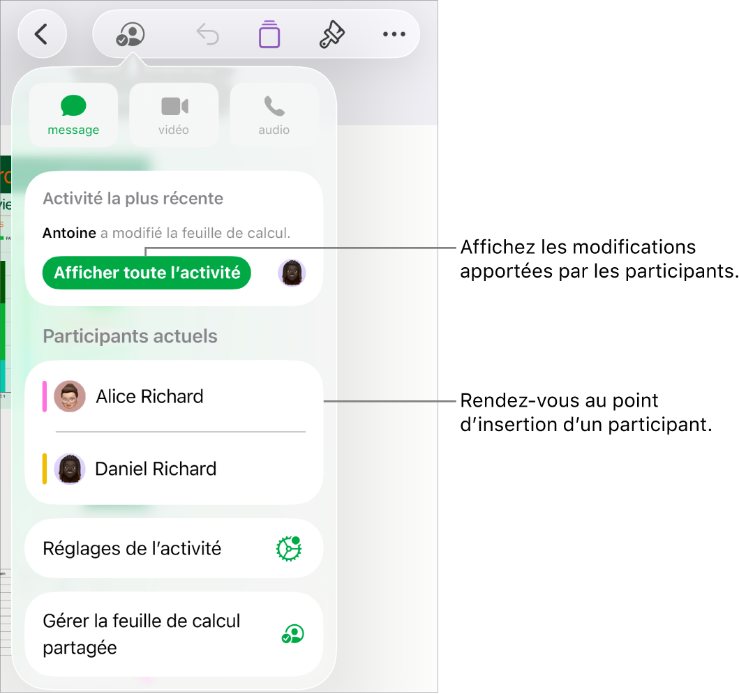 Le menu de collaboration avec la liste des participants actuels.