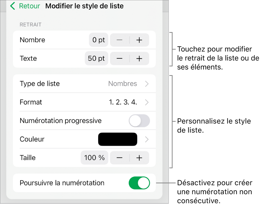 Menu Modifier le style de liste avec les commandes pour le retrait, le type et le format de liste, la numérotation progressive, la couleur et la taille, et la numérotation continue.