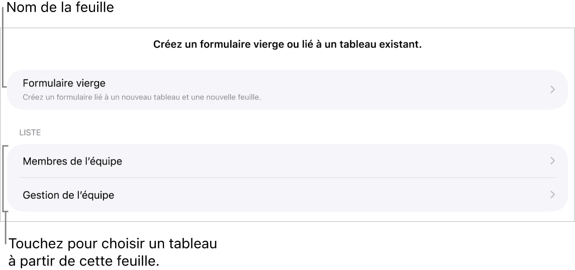 Une liste de tableaux qui se trouvent dans la même feuille de calcul, avec l’option de créer un formulaire vierge en haut.