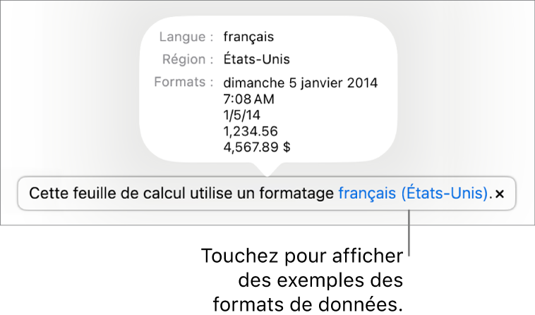La notification du réglage de langue et de région différent affichant des exemples de la mise en forme correspondant à cette langue et à cette région.
