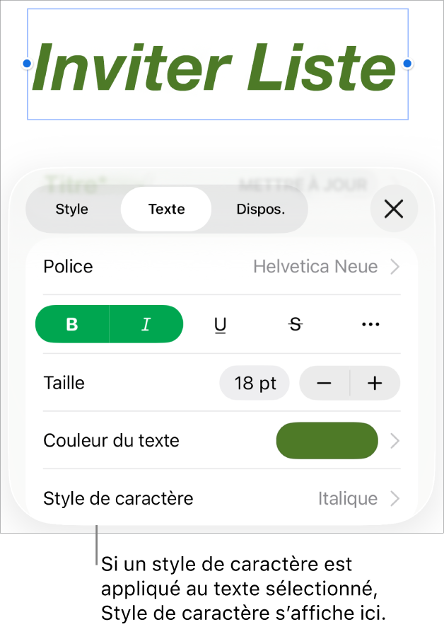 Commandes de mise en forme du texte avec Style de caractère sous les commandes de couleur. Style de caractère Aucun affiché avec un astérisque.