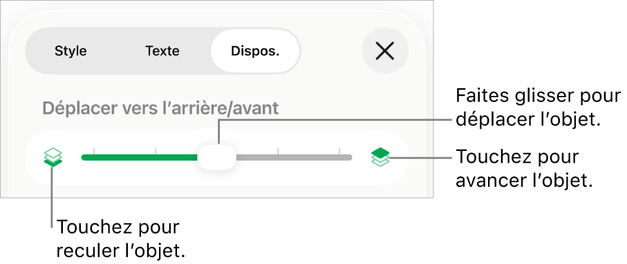 Le bouton de déplacement vers l’arrière, le bouton de déplacement vers l’avant et le curseur de superposition.