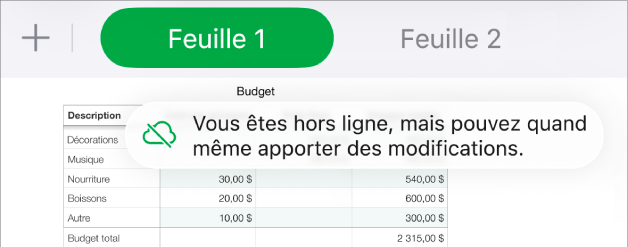Les boutons en haut de l’écran, avec le bouton Collaboration qui se transforme en un nuage traversé par une ligne diagonale. Une alerte à l’écran indique « Vous êtes hors ligne, mais pouvez quand même apporter des modifications ».