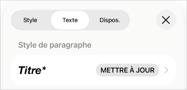 Style de paragraphe avec un astérisque affiché à côté et un bouton Mettre à jour à droite.