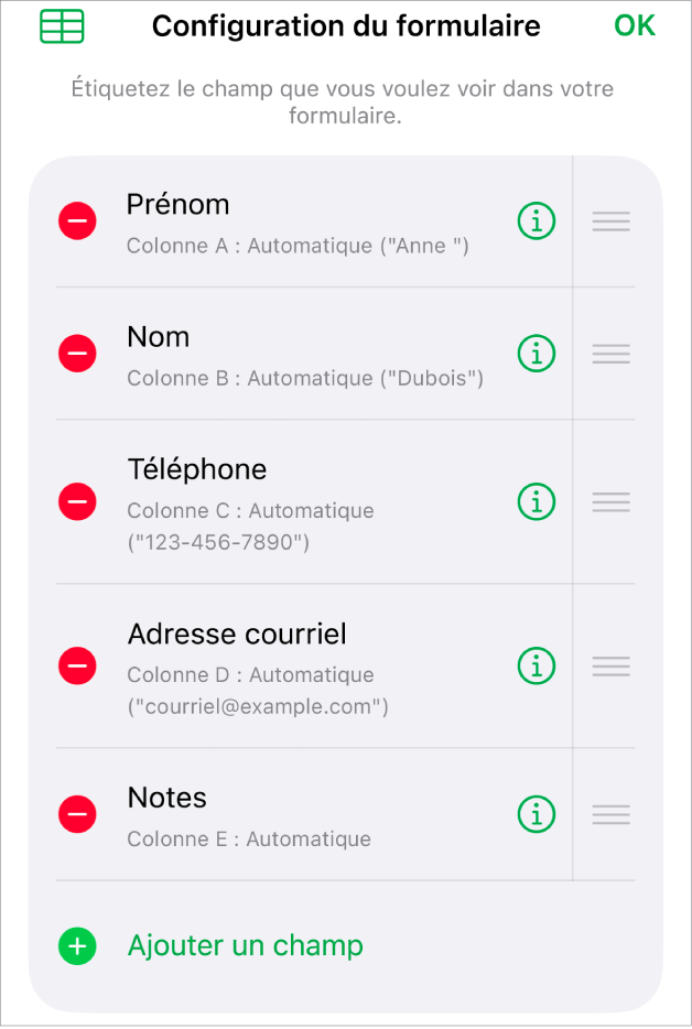 Les commandes de configuration du formulaire affichant les options d’ajouter, de modifier, de réorganiser et de supprimer des champs, ainsi que de changer le format des champs (par exemple, de Texte à Pourcentage).