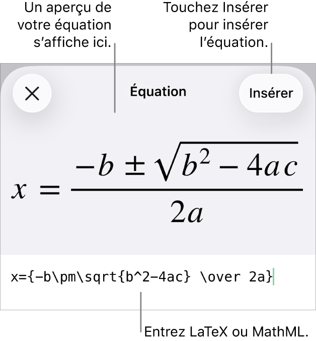 Zone de dialogue Équation, affichant une équation composée à l’aide des commandes MathML et aperçu de la formule au-dessus.