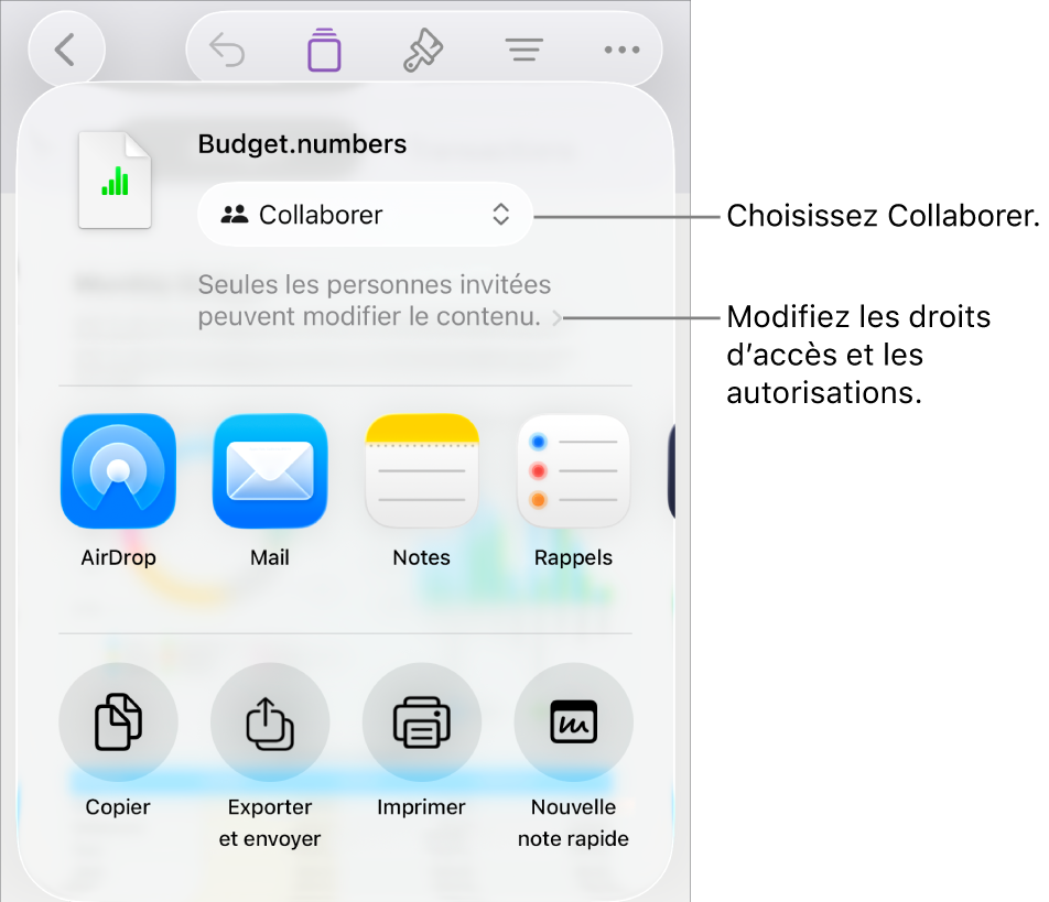Le menu Partager avec l’option Collaborer sélectionnée dans le haut, au-dessus des réglages d’accès et d’autorisation.