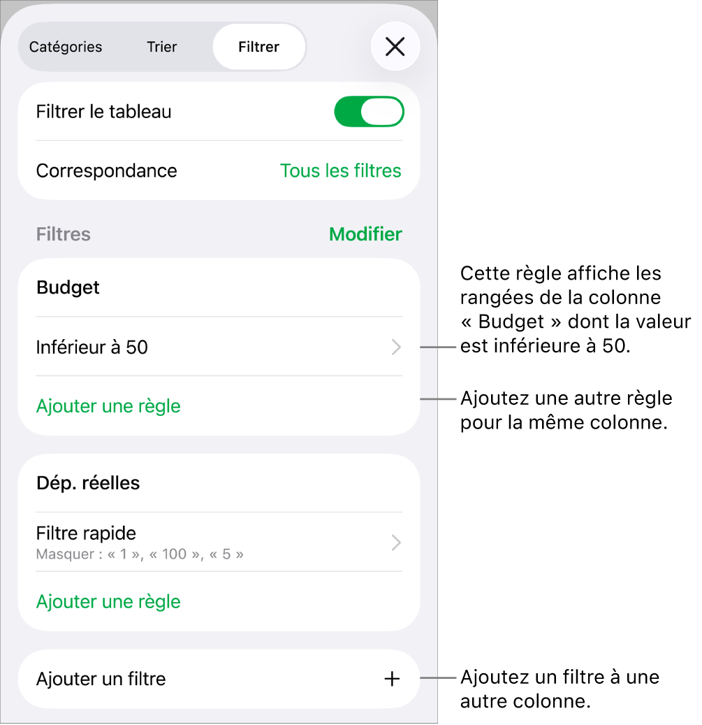 Commandes pour ajouter de nouvelles règles de filtre ou modifier les règles existantes.