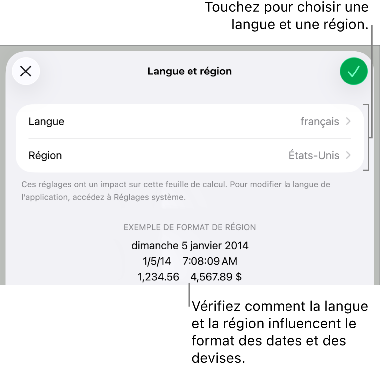 Sous-fenêtre Langue et région avec les commandes pour la langue et la région, et un exemple du format qui comprend la date, l’heure, les décimales et la devise.