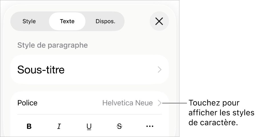 Les commandes de Format avec les styles de paragraphes en haut, puis les commandes de Police. Sous Police se trouvent les boutons Gras, Italique, Souligné, Barré et Plus d’options de texte.