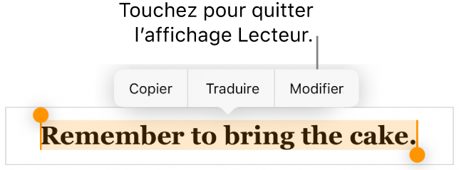 Une phrase est sélectionnée et au-dessus de celle-ci se trouve un menu contextuel avec les boutons Copier et Modifier.