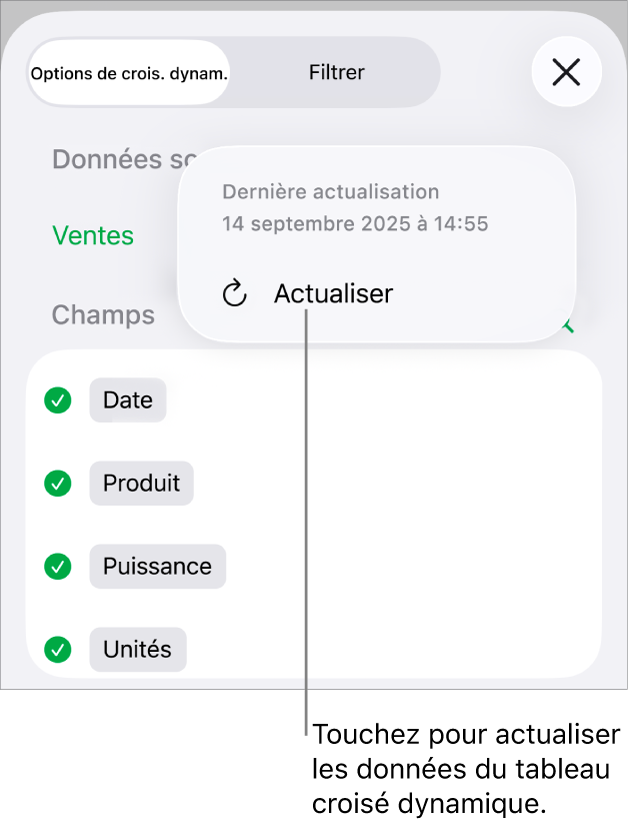 Le menu Options de croisement dynamique affichant l’option d’actualisation du tableau croisé dynamique.