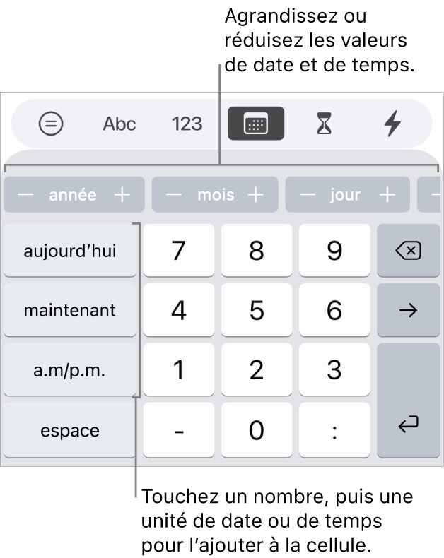 Clavier de date et d’heure. Une rangée de boutons située en haut affiche les unités temporelles (mois, jour et année) que vous pouvez incrémenter pour modifier la valeur indiquée dans la cellule. Les touches situées à gauche correspondent à aujourd’hui et maintenant. Les touches numériques se trouvent au centre du clavier.