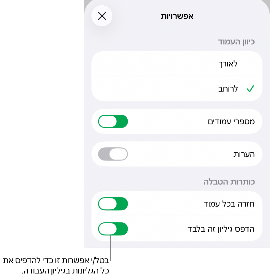 אפשרויות הדפסה לבחירת כיוון העמוד, להצגת מספרי עמודים וכותרות עליונות ולבחירת גודל הנייר והעמודים שיודפסו.