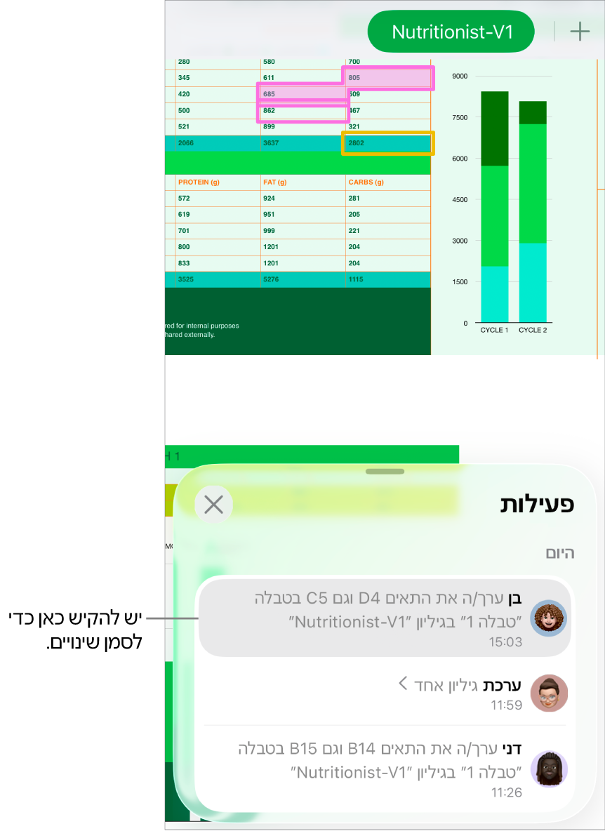 גיליון עבודה שיתופי כאשר רשימת הפעולות ותפריט ״שיתוף פעולה״ פתוחים.