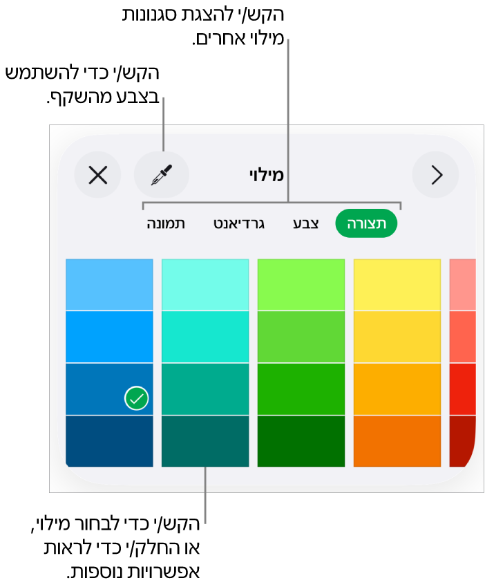 אפשרויות מילוי בכרטיסייה ״סגנון״ של הכפתור ״עיצוב״.
