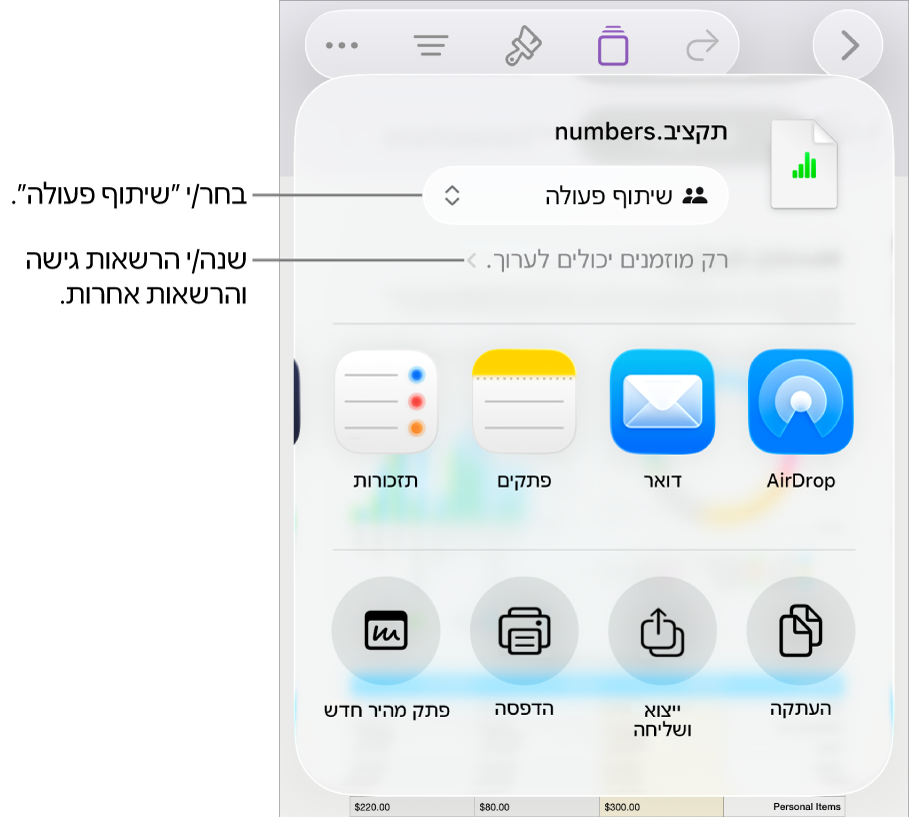 תפריט השיתוף כאשר האפשרות ״שיתוף פעולה״ נבחרת בחלק העליון ומתחתיה הגדרות הגישה וההרשאות.