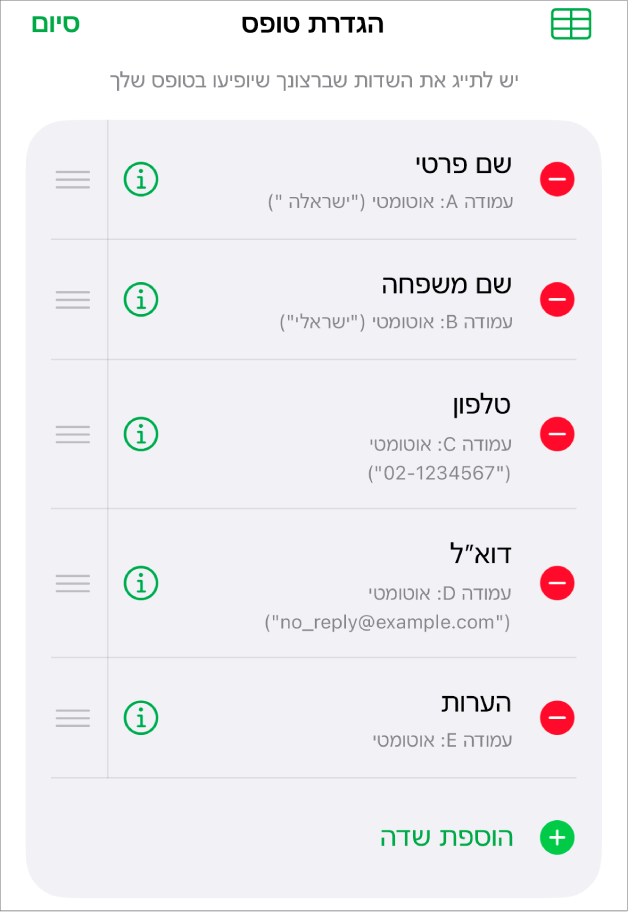 פקדי ״הגדרת טופס״ עם אפשרויות להוספה, עריכה, שינוי סדר ומחיקה של שדות ולשינוי המבנה של שדות (למשל מ״מלל״ ל״אחוזים״).