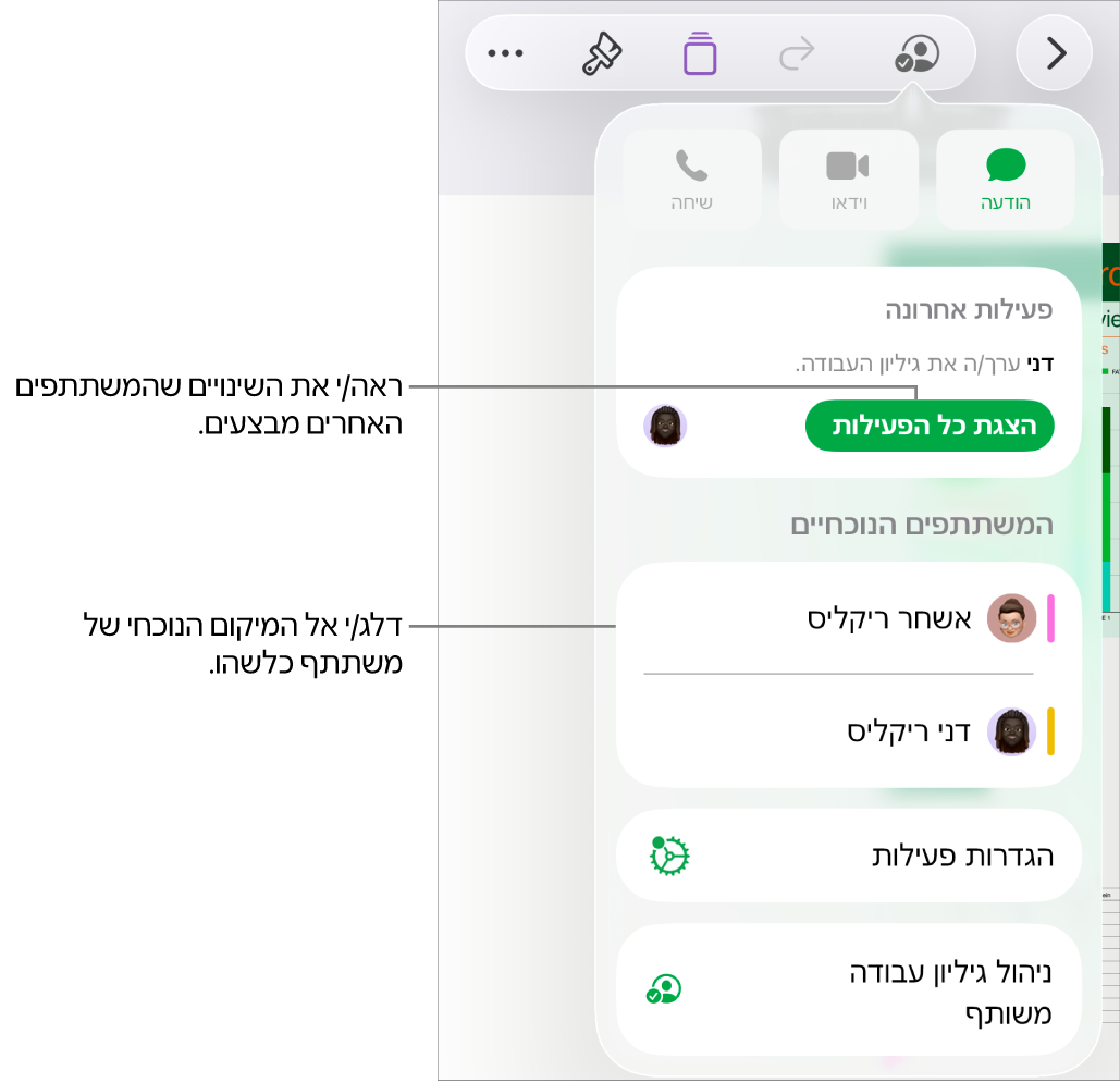 תפריט ״שיתוף פעולה״ שרואים בו משתתפים פעילים כעת.