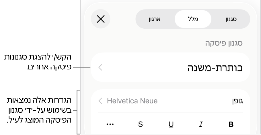 תפריט ״עיצוב״ עם כלי בקרה של מלל להגדרת סגנונות, גופן, גודל וצבע עבור פיסקאות ותווים.