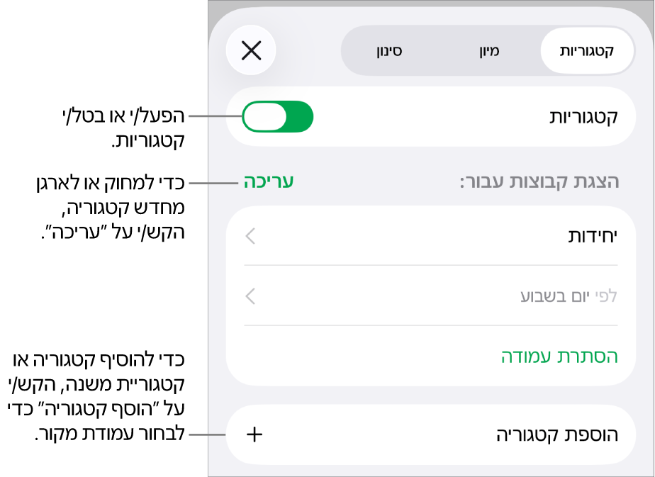 התפריט ״קטגוריות״ ב-iPhone עם אפשרויות לביטול קטגוריות, מחיקת קטגוריות, סידור מחדש של נתונים בקבוצות, הסתרת עמודת מקור והוספת קטגוריות.