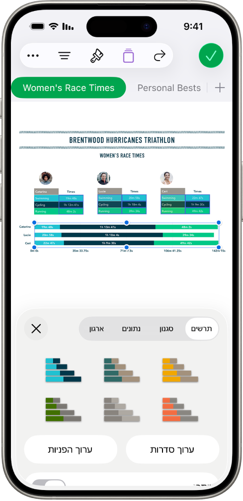 תרשים עוגה המציג אחוזים של מסלולים שהושלמו. התפריט ״עיצוב״ פתוח גם הוא, ומציג סגנונות לבחירה, כמו גם אפשרויות לעריכת הסדרות או ההפניות לתאים ולהפעלה או ביטול של שם התרשים או המקרא.